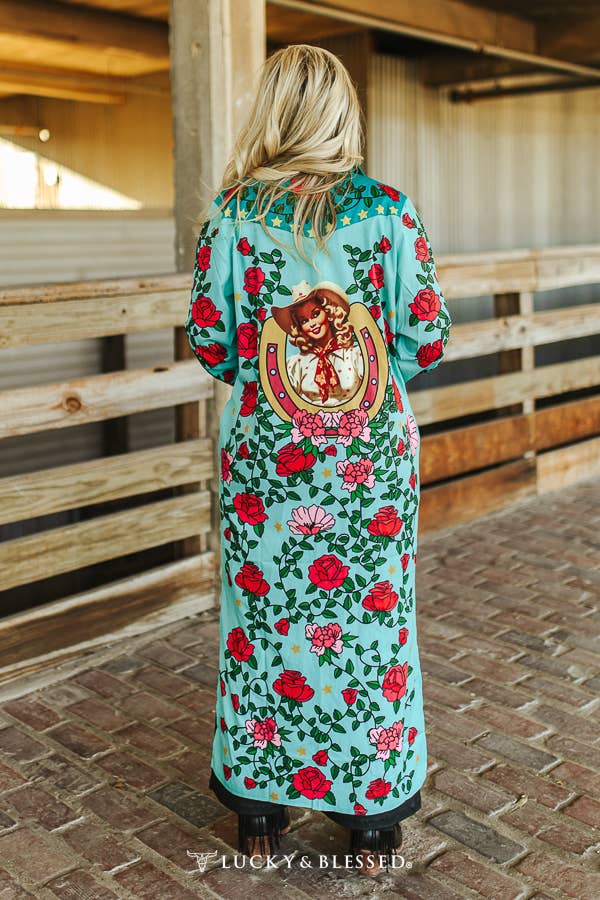 TURQUOISE ROSE MAXI SHIRT DRESS