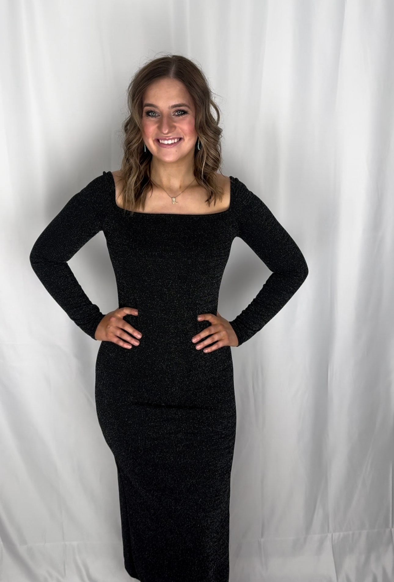 BLACK SHIMMER LONG SLEEVE MAXI DRESS