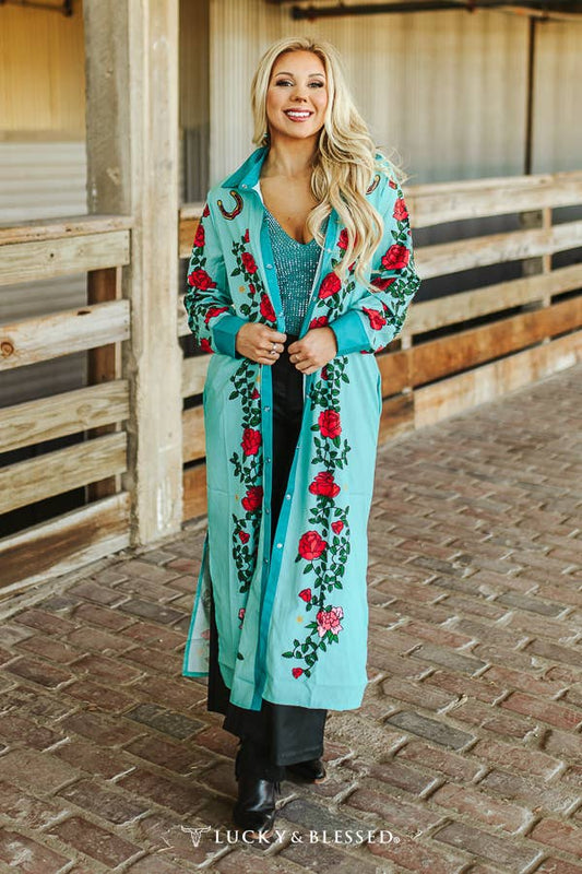 TURQUOISE ROSE MAXI SHIRT DRESS