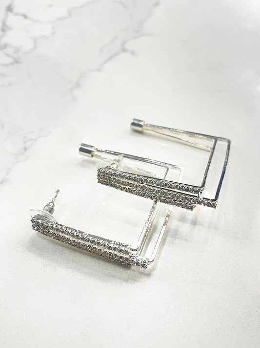 SILVER CRYSTAL LAYERED SQUARE EARRING